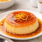 Orange flan (citrus caramel custard) topped with glossy caramel sauce and garnished with fresh orange zest on a white plate
