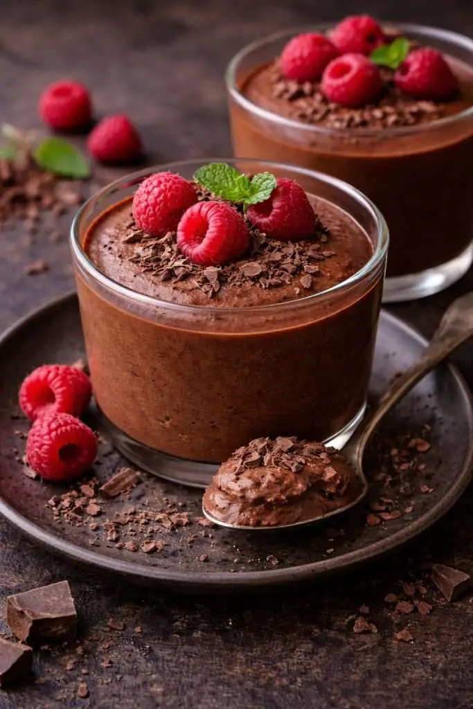 Portuguese chocolate mousse served in glass cups topped with raspberries and chocolate shavings, ready to serve