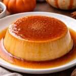pumpkin flan (flan de calabaza) topped with caramel sauce on a white plate with pumpkins in the background