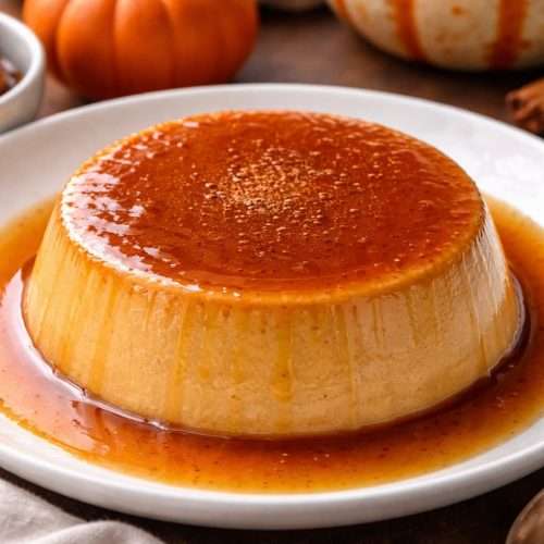 pumpkin flan (flan de calabaza) topped with caramel sauce on a white plate with pumpkins in the background