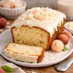 Sliced coconut lychee cake with white chocolate glaze showing soft crumb and lychee pieces