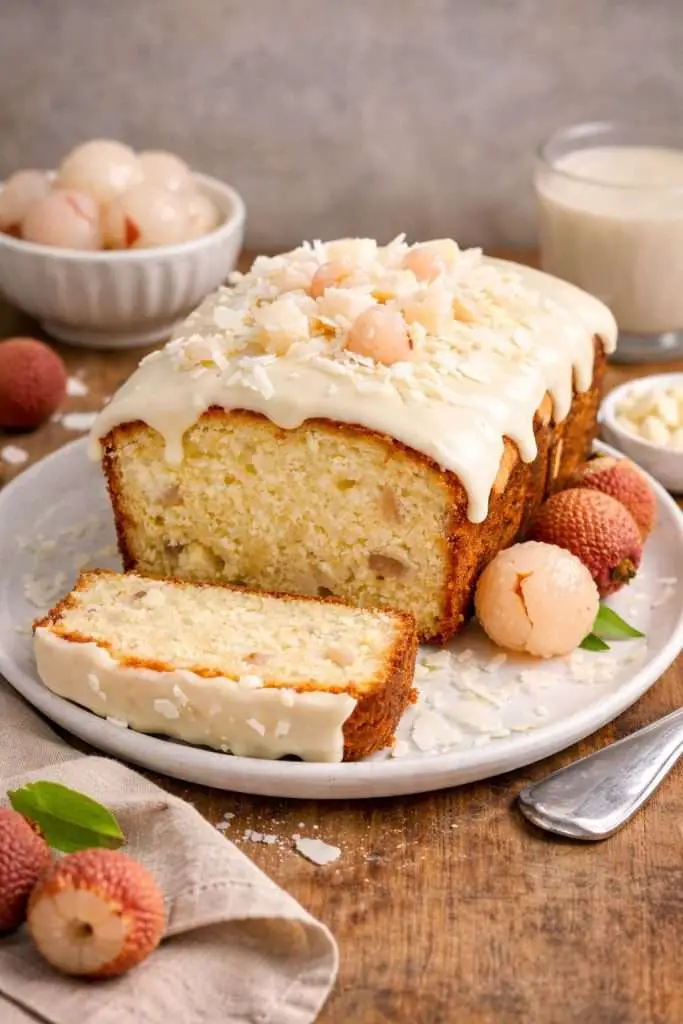 Sliced coconut lychee cake with white chocolate glaze showing soft crumb and lychee pieces