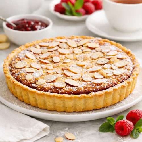 Traditional Bakewell tart recipe with raspberry jam and almond frangipane filling topped with sliced almonds